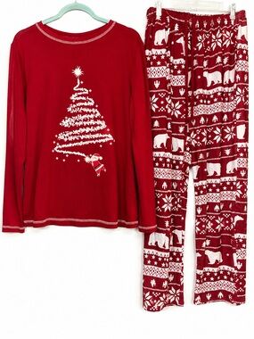 Ekouaer Christmas Pajama Set Medium Red Holiday Tree Bear Print Lounge Sleepwear